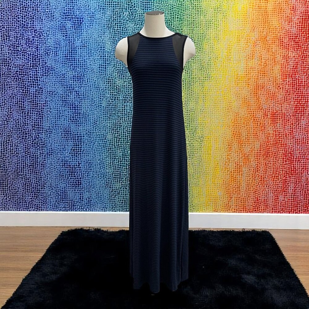Laila Jayde Maxi Dress Sheer Panel Sleeveless Striped Navy Black Medium USA